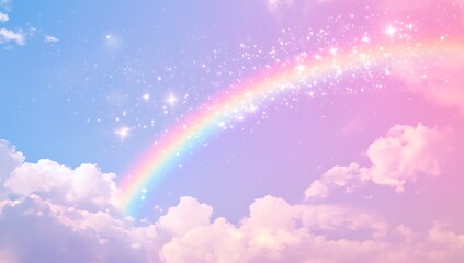 A whimsica pastel rainbow unicorn background shines with sparkling stars against a soft, pink fantasy sky. Fairy iridescent gradient backdrop. unicorn resting on a fluffy cloud with a vibrant rainbow.
