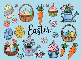 Easter themed illustrations with eggs, baskets, carrots, flowers and fence
