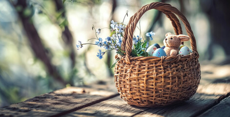 Close up of rustic Easter basket with multicolored eggs, spring flowers, and soft Easter bunny toy. Delightful and heartwarming composition symbolizing renewal and joy. Copy space for text.