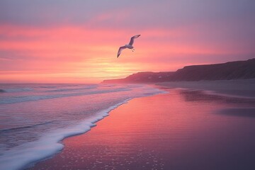 Seagull soars over pink ocean sunset beach, cliff background, serene travel