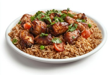 Fototapeta premium Delicious glazed chicken with fried rice garnished with cilantro and tomatoes in white bowl