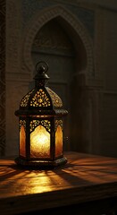 A beautifully lit lantern placed on a wooden table, casting warm golden light 