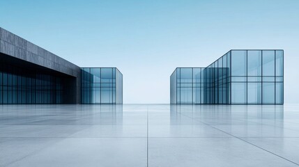 Modern Glass and Concrete Building Exterior Architectural Visualization, 3D Render, Minimalist Design, Blue Sky Architectural Visualization, Minimalist Design
