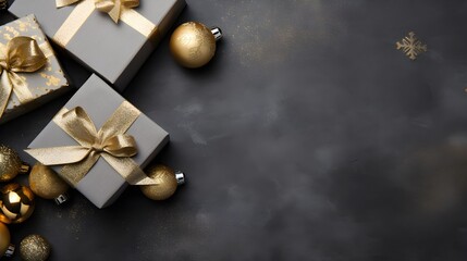 Elegant Christmas Gifts Gold Ornaments Grey Background Festive Holiday Presents