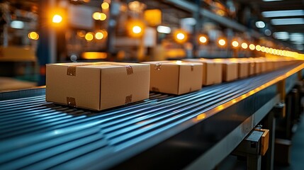 Packages moving on conveyor belt in busy warehouse