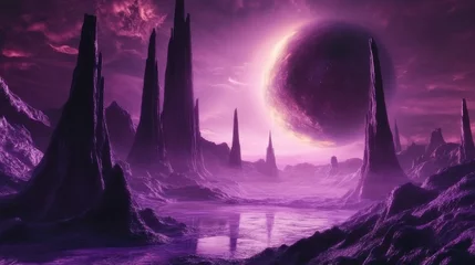 Selbstklebende Fototapeten Mystical alien landscape with towering spires and glowing planet in purple twilight under a surreal sky © BlackLion