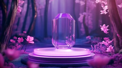 Enchanted Crystal Pedestal 3D Render, Fantasy Forest, Purple Glow, Product Display, Abstract Art Digital art, 3D rendering