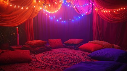 Warm illuminated space with plush cushions beneath cozy red fabric for festive relaxation and comfort