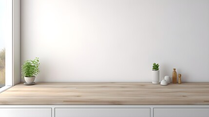 Minimalist Kitchen Countertop with Plants and Decor Light Wood Surface White Wall Background