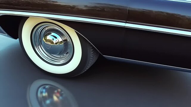 Classic car close-up showcasing gleaming chrome wheel and whitewall tire reflecting surroundings