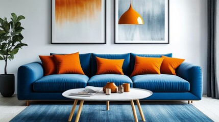 Blue Sofa with Orange Accents Interior Design Composition, Living Room Decor, Modern Style Interior Design, Home Decor