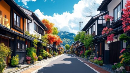 Autumnal Japanese Street Scene Vibrant Buildings, Colorful Foliage, Tranquil Atmosphere, Digital Painting, Japan, Scenery Japan, Digital Painting