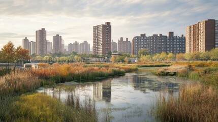 Urban Oasis: High-Rise Buildings Mirrored in Tranquil Autumnal Wetlands