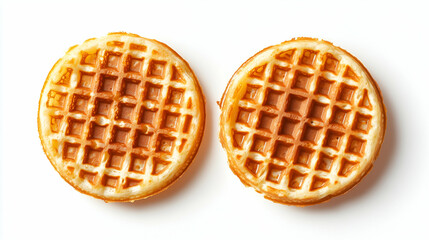 Two golden round waffles with crispy grid texture. Breakfast food with even browning placed on white background.