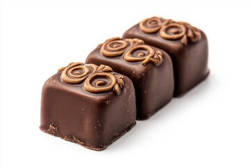 Three Luxurious Dark Chocolate Candies Lined Up on a Pristine White Surface Elegant Arrangement Close Up