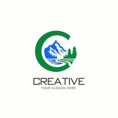 Fototapeta premium Letter C with Mountains and Pine Forest Logo Design