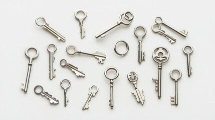 Naklejka premium A silver keyring with multiple keys spread out on white.