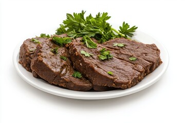 Fototapeta premium Sliced flavorful braised beef on white plate garnished with fresh parsley delicious culinary delight