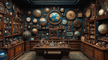 A detailed room contains globes clocks and ancient scientific instruments