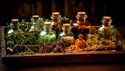 Assorted Herbal Extracts in Glass Bottles on Wooden Tray Display