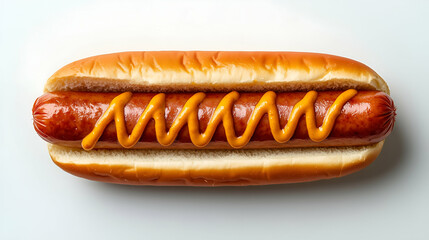 Hot dog with mustard in soft bun. A juicy sausage topped with a zigzag line of yellow mustard, served in a fresh bun on clean white background.