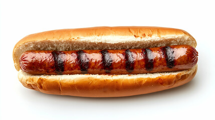Grilled hot dog with char marks in soft bun. A juicy sausage perfectly cooked with dark grill lines, served in a fresh hot dog bun on clean white background.