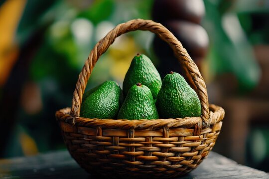 Artistic close-up of ripe avocado in rustic basket, blurred environment, minimalist color grading