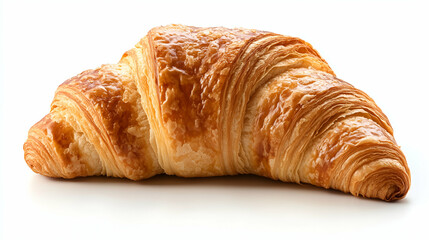 Golden brown croissant with crispy layers. Flaky and buttery pastry with a soft, airy interior, placed on a white background, showing its delicious texture and baked finish.