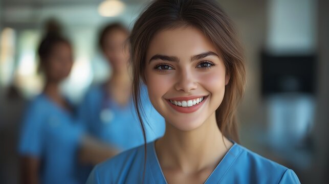 A confident young nurse radiates warmth and compassion, ready to care, in a bright, modern hospital setting