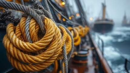 Obraz premium Yellow ropes are carefully coiled aboard a vessel amidst turbulent seas