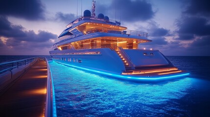 A stunning yacht glows with blue lights, resting on calm waters as the sun sets on the horizon