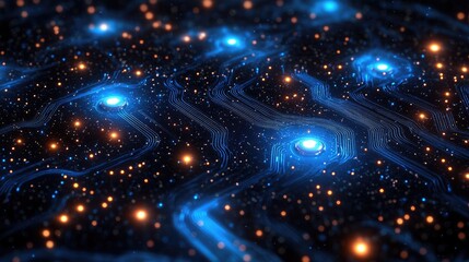 Abstract circuit board pattern, glowing nodes, futuristic technology