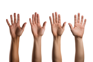 Four hands raised in the air, symbolizing voting or answer question, isolated on a transparent background. Generative ai