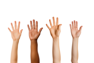 Four hands raised in the air, symbolizing voting or answer question, isolated on a transparent background. Generative ai