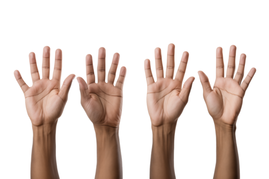 Four hands raised in the air, symbolizing voting or answer question, isolated on a transparent background. Generative ai