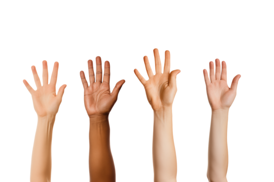 Four hands raised in the air, symbolizing voting or answer question, isolated on a transparent background. Generative ai