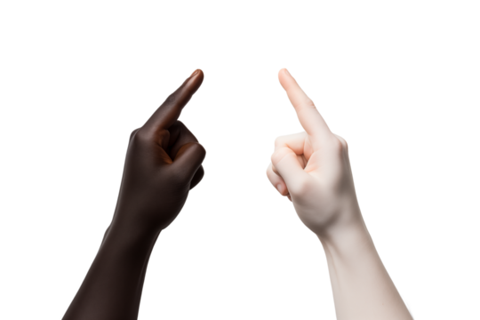 Black and white hands pointing upward, isolated on a transparent background. Generative ai
