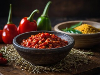 Close-up of sambal terasi in a stone bowl, surrounded by fresh chilies, herbs, and spices. Rustic wooden table in the background.