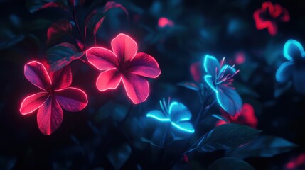 Vibrant neon flowers illuminate a dark garden at night showcasing a fusion of colors and nature's beauty