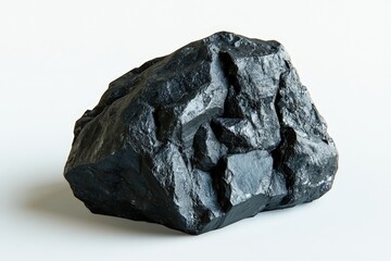 A single large black rock sitting on a white surface