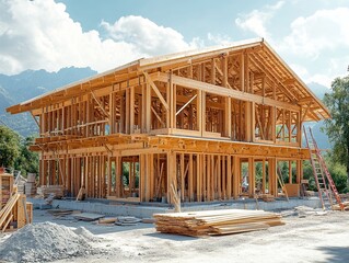 Fototapeta premium Wooden house under construction, clear sunny sky, mountainous background, beams exposed, natural building materials, active outdoor site