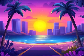 Naklejka premium A scenic sunset over a beach road and city skyline