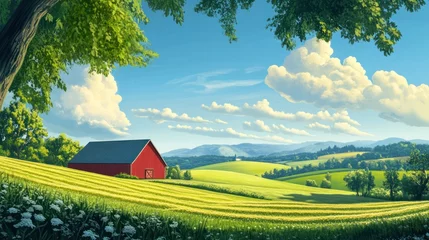 Fotobehang Idyllic rural scene with vibrant red barn and rolling golden fields © ajib ajib