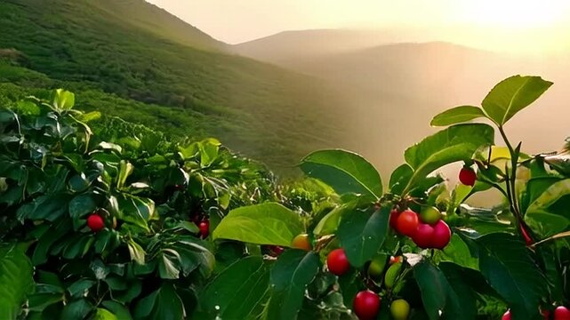Viewing Tea Plantation at Sunrise with Acerola Cherry Fruit
