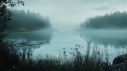 Fototapeta premium Ethereal lake landscape shrouded in mist, reflecting calm waters