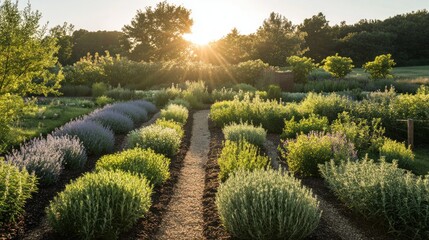 Fototapeta premium Sunlit herbal garden with rows of vibrant plants at golden hour