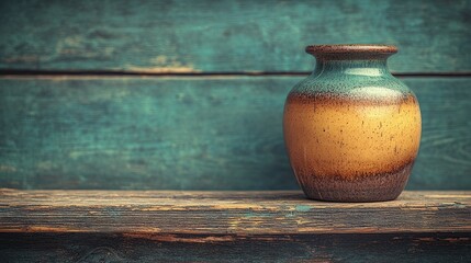 Rustic ceramic vase on weathered wooden table