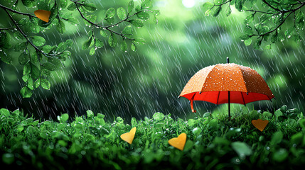 Rainy Day Serenity: An Orange Umbrella in a Lush Green Forest