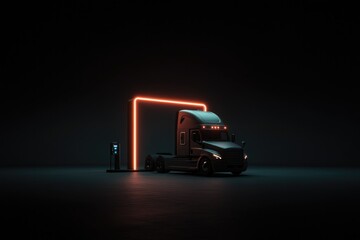 Sleek truck illuminated by neon lights in dark environment, show