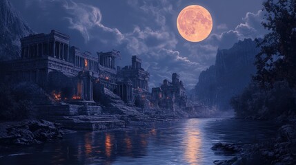 Moonlit Ruins, Ancient Structures Reflecting in Still Waters at Night